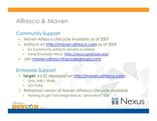 Alfresco & Maven
Community Support
•  Maven Alfresco Lifecycle Available as of 2007
•  Artifacts on http://maven.alfresco.com as of 2009
  •  4.x Community artifacts already available
  •  Using Sonatype Nexus (http://nexus.sonatype.org/)
•  Join maven-alfresco@googlegroups.com

Enterprise Support
1.  Target: 4.x EE deployed on http://maven.alfresco.com
  1.  Only JARs / WARs
  2.  NO POMs
2.  Refreshed version of Maven Alfresco Lifecycle available
  •  Working to get that integrated as “alternative” SDK
 