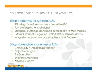 You don’t want to say “it’s just work” ™

5 top objectives for Alfresco ALM
1.    IDE Integration  Any Maven compatible IDE
2.    Fast prototyping  Archetypes
3.    Manage / customize all Alfresco components  Multi module
4.    External product Integration  Most OSS builds with Maven
5.    Integration in enterprise process / lifecycle  Seamless

5 top stakeholders for Alfresco ALM
1.    Community / Enterprise Developers
2.    Project Managers
3.    IT / Operations
4.    Enterprise Architects
5.    Alfresco Support
 