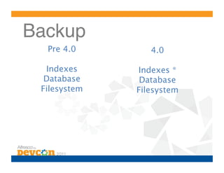 Backup!
  Pre 4.0
        4.0

  Indexes
     Indexes *
  Database
     Database
 Filesystem
   Filesystem
 