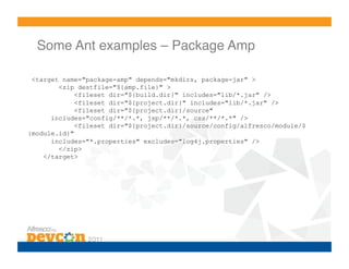 Some Ant examples – Package Amp!

 <target name="package-amp" depends="mkdirs, package-jar" >
        <zip destfile="${amp.file}" >
             <fileset dir="${build.dir}" includes="lib/*.jar" />
             <fileset dir="${project.dir}" includes="lib/*.jar" />
             <fileset dir="${project.dir}/source"
      includes="config/**/*.*, jsp/**/*.*, css/**/*.*" />
             <fileset dir="${project.dir}/source/config/alfresco/module/$
{module.id}"
      includes="*.properties" excludes="log4j.properties" />
        </zip>
    </target>
 