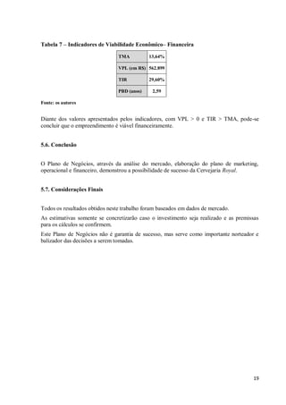 19
Tabela 7 – Indicadores de Viabilidade Econômico– Financeira
TMA 13,64%
VPL (em R$) 562.899
TIR 29,60%
PBD (anos) 2,59
Fonte: os autores
Diante dos valores apresentados pelos indicadores, com VPL > 0 e TIR > TMA, pode-se
concluir que o empreendimento é viável financeiramente.
5.6. Conclusão
O Plano de Negócios, através da análise do mercado, elaboração do plano de marketing,
operacional e financeiro, demonstrou a possibilidade de sucesso da Cervejaria Royal.
5.7. Considerações Finais
Todos os resultados obtidos neste trabalho foram baseados em dados de mercado.
As estimativas somente se concretizarão caso o investimento seja realizado e as premissas
para os cálculos se confirmem.
Este Plano de Negócios não é garantia de sucesso, mas serve como importante norteador e
balizador das decisões a serem tomadas.
 