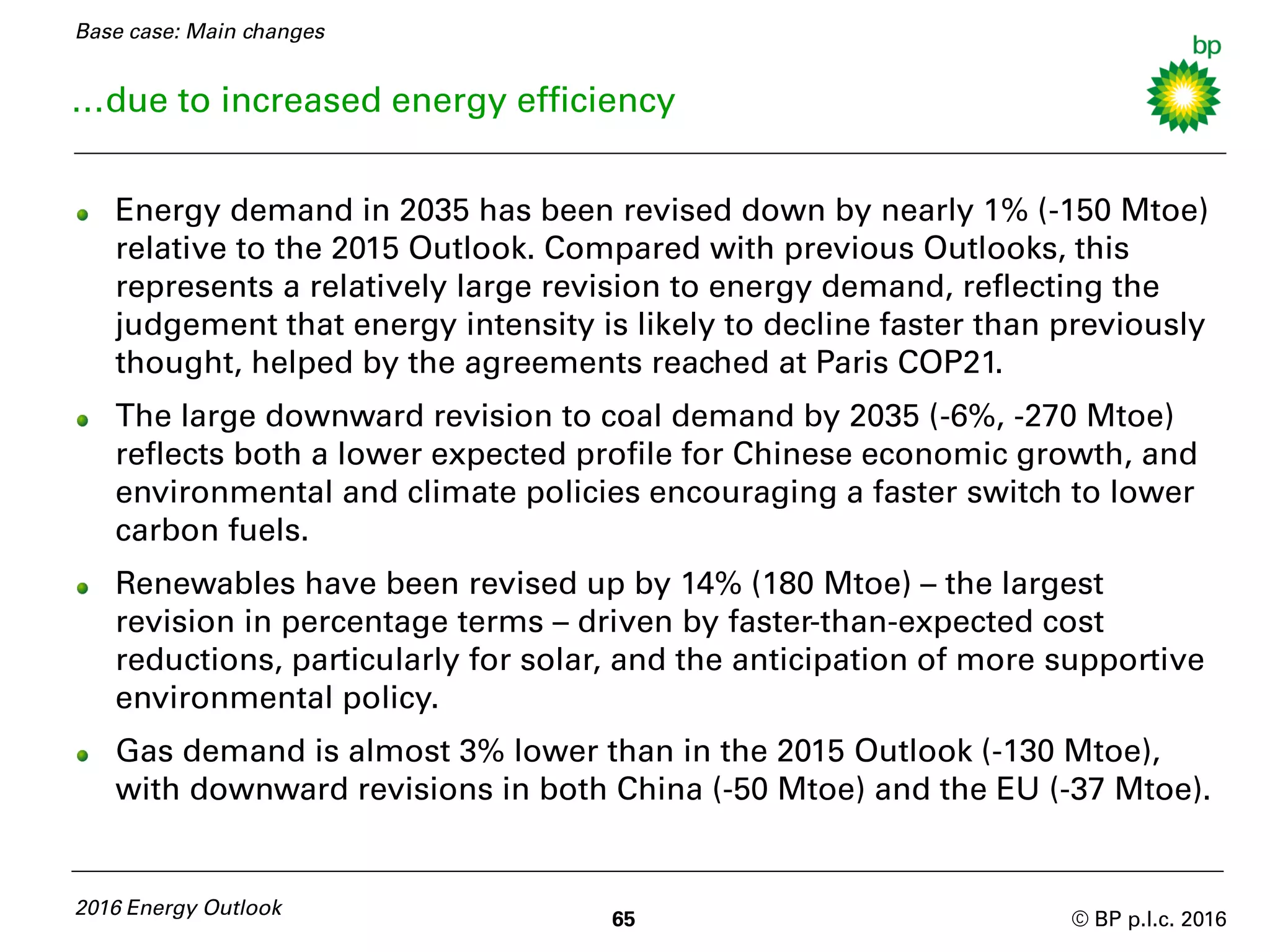 © BP p.l.c. 2016
…due to increased energy efficiency
Energy demand in 2035 has been revised down by nearly 1% (-150 Mtoe)
relative to the 2015 Outlook. Compared with previous Outlooks, this
represents a relatively large revision to energy demand, reflecting the
judgement that energy intensity is likely to decline faster than previously
thought, helped by the agreements reached at Paris COP21.
The large downward revision to coal demand by 2035 (-6%, -270 Mtoe)
reflects both a lower expected profile for Chinese economic growth, and
environmental and climate policies encouraging a faster switch to lower
carbon fuels.
Renewables have been revised up by 14% (180 Mtoe) – the largest
revision in percentage terms – driven by faster-than-expected cost
reductions, particularly for solar, and the anticipation of more supportive
environmental policy.
Gas demand is almost 3% lower than in the 2015 Outlook (-130 Mtoe),
with downward revisions in both China (-50 Mtoe) and the EU (-37 Mtoe).
2016 Energy Outlook
65
Base case: Main changes
 