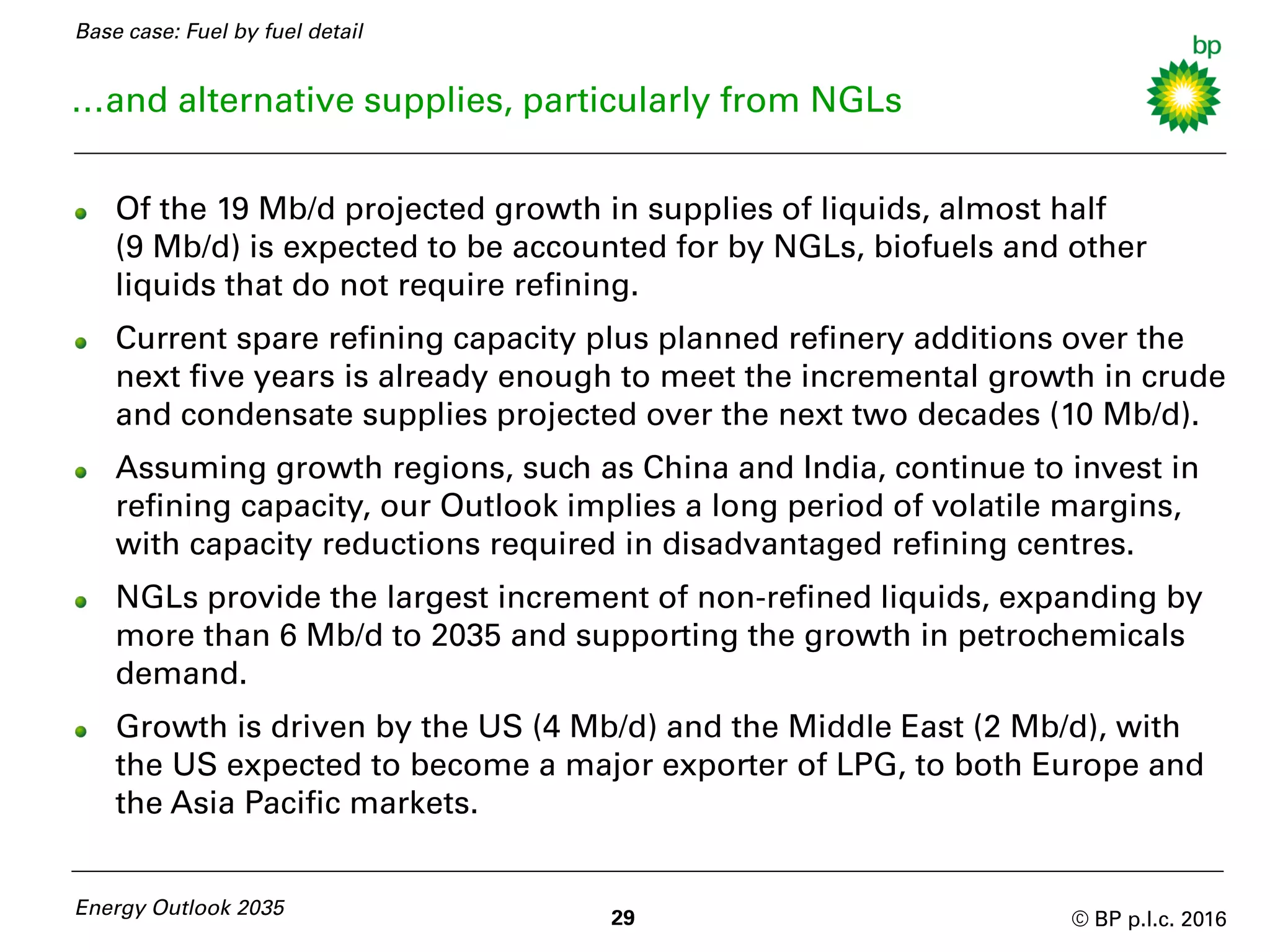 © BP p.l.c. 201629Energy Outlook 2035
Of the 19 Mb/d projected growth in supplies of liquids, almost half
(9 Mb/d) is expected to be accounted for by NGLs, biofuels and other
liquids that do not require refining.
Current spare refining capacity plus planned refinery additions over the
next five years is already enough to meet the incremental growth in crude
and condensate supplies projected over the next two decades (10 Mb/d).
Assuming growth regions, such as China and India, continue to invest in
refining capacity, our Outlook implies a long period of volatile margins,
with capacity reductions required in disadvantaged refining centres.
NGLs provide the largest increment of non-refined liquids, expanding by
more than 6 Mb/d to 2035 and supporting the growth in petrochemicals
demand.
Growth is driven by the US (4 Mb/d) and the Middle East (2 Mb/d), with
the US expected to become a major exporter of LPG, to both Europe and
the Asia Pacific markets.
…and alternative supplies, particularly from NGLs
Base case: Fuel by fuel detail
 