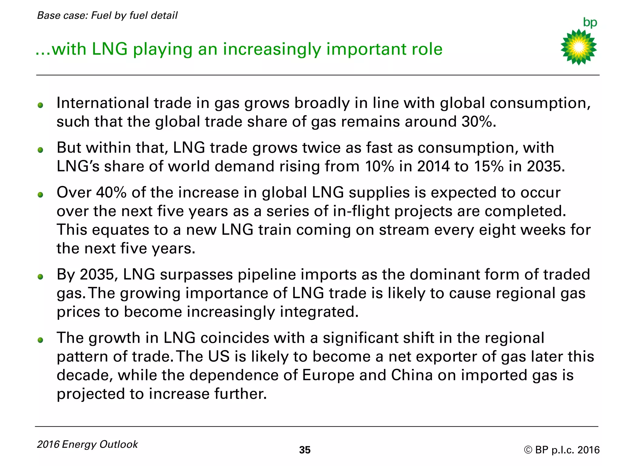 © BP p.l.c. 2016
…with LNG playing an increasingly important role
International trade in gas grows broadly in line with global consumption,
such that the global trade share of gas remains around 30%.
But within that, LNG trade grows twice as fast as consumption, with
LNG’s share of world demand rising from 10% in 2014 to 15% in 2035.
Over 40% of the increase in global LNG supplies is expected to occur
over the next five years as a series of in-flight projects are completed.
This equates to a new LNG train coming on stream every eight weeks for
the next five years.
By 2035, LNG surpasses pipeline imports as the dominant form of traded
gas.The growing importance of LNG trade is likely to cause regional gas
prices to become increasingly integrated.
The growth in LNG coincides with a significant shift in the regional
pattern of trade.The US is likely to become a net exporter of gas later this
decade, while the dependence of Europe and China on imported gas is
projected to increase further.
2016 Energy Outlook
35
Base case: Fuel by fuel detail
 