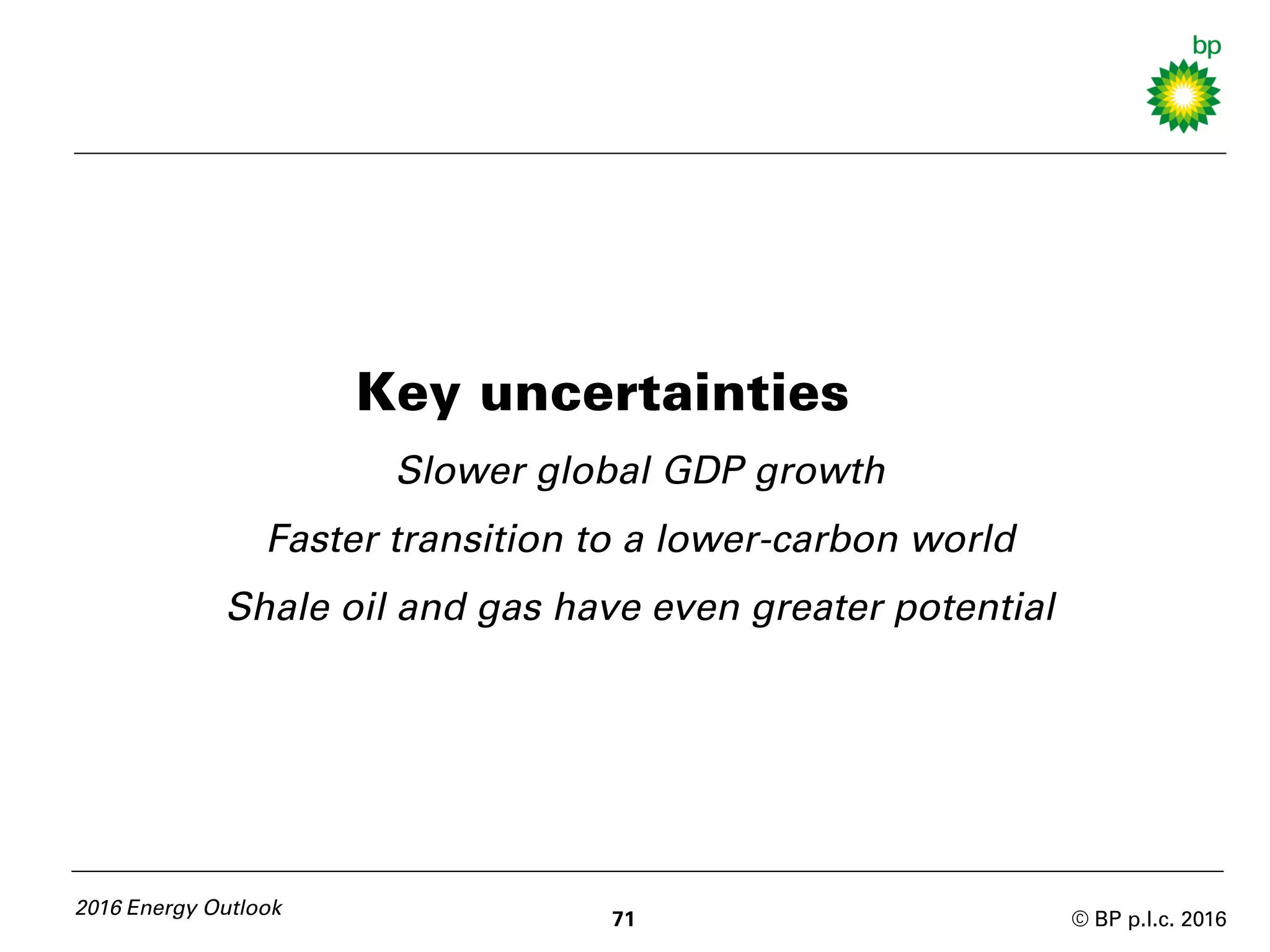 © BP p.l.c. 2016
Key uncertainties
Slower global GDP growth
Faster transition to a lower-carbon world
Shale oil and gas have even greater potential
2016 Energy Outlook
71
 