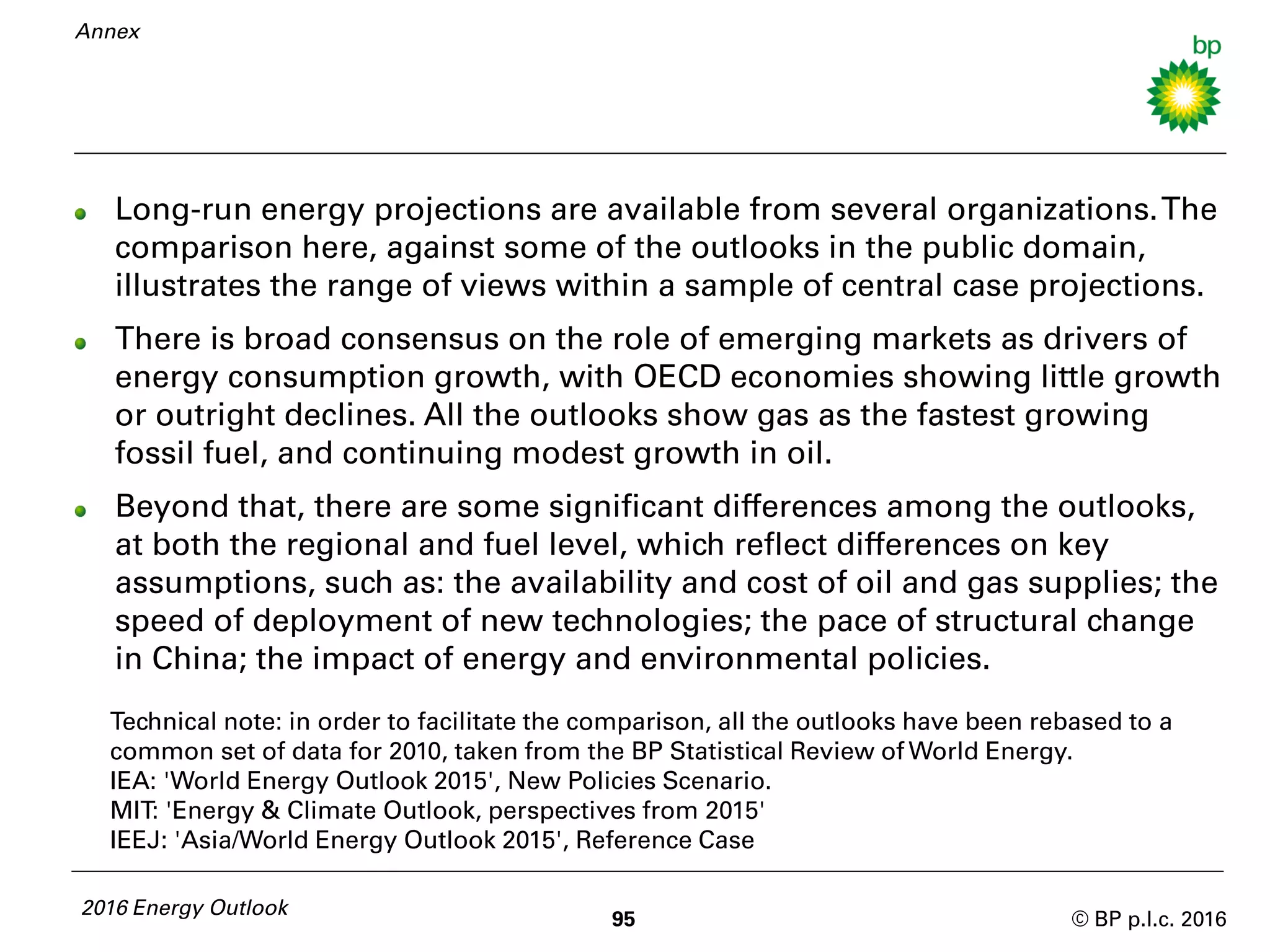 © BP p.l.c. 2016
Long-run energy projections are available from several organizations.The
comparison here, against some of the outlooks in the public domain,
illustrates the range of views within a sample of central case projections.
There is broad consensus on the role of emerging markets as drivers of
energy consumption growth, with OECD economies showing little growth
or outright declines. All the outlooks show gas as the fastest growing
fossil fuel, and continuing modest growth in oil.
Beyond that, there are some significant differences among the outlooks,
at both the regional and fuel level, which reflect differences on key
assumptions, such as: the availability and cost of oil and gas supplies; the
speed of deployment of new technologies; the pace of structural change
in China; the impact of energy and environmental policies.
95
2016 Energy Outlook
Technical note: in order to facilitate the comparison, all the outlooks have been rebased to a
common set of data for 2010, taken from the BP Statistical Review of World Energy.
IEA: 'World Energy Outlook 2015', New Policies Scenario.
MIT: 'Energy & Climate Outlook, perspectives from 2015'
IEEJ: 'Asia/World Energy Outlook 2015', Reference Case
Annex
 