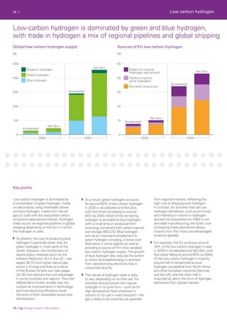 0
100
200
300
400
500
2050
2030
Net Zero
Accelerated
Net Zero
Accelerated
Biogenic hydrogen
Blue hydrogen
Green hydrogen
0
10
20
30
40
50
2030 2050
Net Zero
Accelerated
Net Zero
Seaborne imports
(hydrogen derivatives)
Domestic production
Pipeline imports
(pure hydrogen)
Accelerated
72 |
Mt Mt
Low-carbon hydrogen is dominated by
a combination of green hydrogen, made
via electrolysis using renewable power,
and blue hydrogen, made from natural
gas (or coal) with the associated carbon
emissions captured and stored. Hydrogen
trade occurs via regional pipelines or global
shipping depending on the form in which
the hydrogen is used.
At present, the cost of producing blue
hydrogen is generally lower than for
green hydrogen in most parts of the
world. However, the combination of
recent policy initiatives (such as the
Inflation Reduction Act in the US – see
pages 36-37) and higher natural gas
prices in Europe and Asia as a result
of the Russia-Ukraine war (see pages
34-35) has reduced this cost advantage
in some countries and regions. This cost
differential is further eroded over the
outlook as improvements in technology
and manufacturing efficiency lower
the price of both renewable power and
electrolysers.
As a result, green hydrogen accounts
for around 60% of low-carbon hydrogen
in 2030 in Accelerated and Net Zero,
with that share increasing to around
65% by 2050. Most of the remaining
hydrogen is provided by blue hydrogen,
with a small amount produced from
bioenergy combined with carbon capture
and storage (BECCS). Blue hydrogen
acts as an important complement to
green hydrogen providing, a lower-cost
alternative in some regions as well as
providing a source of firm (non-variable)
low-carbon hydrogen supply. The growth
of blue hydrogen also reduces the extent
to which renewable energy is diverted
from decarbonizing electricity that is
consumed directly.
The nature of hydrogen trade is likely
to vary depending on its final use. For
activities and processes that require
hydrogen in its pure form – such as for
high temperature heat processes in
industry or for use in road transport – the
gas is likely to be imported via pipelines
from regional markets, reflecting the
high cost of shipping pure hydrogen.
In contrast, for activities that can use
hydrogen derivatives, such as ammonia
and methanol in marine or hydrogen-
derived hot briquetted iron (HBI) in iron
and steel manufacturing, the lower cost
of shipping these derivatives allows
imports from the most cost-advantaged
locations globally.
For example, the EU produces around
70% of the low-carbon hydrogen it uses
in 2030 in Accelerated and Net Zero, with
that share falling to around 60% by 2050.
Of the low-carbon hydrogen it imports,
around half is transported as pure
hydrogen via pipeline from North Africa
and other European countries (Norway
and the UK); and the other half is
imported by sea in the form of hydrogen
derivatives from global markets.
Low-carbon hydrogen
73 | bp Energy Outlook: 2023 edition
Key points
Global low-carbon hydrogen supply Sources of EU low-carbon hydrogen
Low-carbon hydrogen is dominated by green and blue hydrogen,
with trade in hydrogen a mix of regional pipelines and global shipping
 