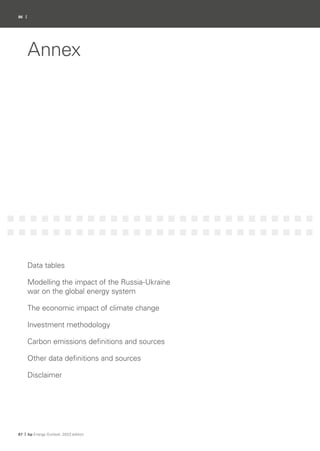 86 |
Data tables
Modelling the impact of the Russia-Ukraine
war on the global energy system
The economic impact of climate change
Investment methodology
Carbon emissions definitions and sources
Other data definitions and sources
Disclaimer
87 | bp Energy Outlook: 2023 edition
Annex
 