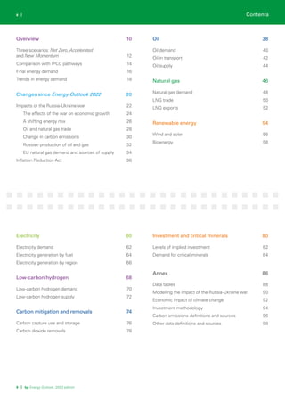 9 | bp Energy Outlook: 2023 edition
8 | Contents
Overview 10
Three scenarios: Net Zero, Accelerated
and New Momentum 12
Comparison with IPCC pathways 14
Final energy demand 16
Trends in energy demand 18
Changes since Energy Outlook 2022 20
Impacts of the Russia-Ukraine war 22
The effects of the war on economic growth 24
A shifting energy mix 26
Oil and natural gas trade 28
Change in carbon emissions 30
Russian production of oil and gas 32
EU natural gas demand and sources of supply 34
Inflation Reduction Act 36
Oil 38
Oil demand 40
Oil in transport 42
Oil supply 44
Natural gas 46
Natural gas demand 48
LNG trade 50
LNG exports 52
Renewable energy 54
Wind and solar 56
Bioenergy 58
Electricity 60
Electricity demand 62
Electricity generation by fuel 64
Electricity generation by region 66
Low-carbon hydrogen 68
Low-carbon hydrogen demand 70
Low-carbon hydrogen supply 72
Carbon mitigation and removals 74
Carbon capture use and storage 76
Carbon dioxide removals 78
Investment and critical minerals 80
Levels of implied investment 82
Demand for critical minerals 84
Annex 86
Data tables 88
Modelling the impact of the Russia-Ukraine war 90
Economic impact of climate change 92
Investment methodology 94
Carbon emissions definitions and sources 96
Other data definitions and sources 98
 