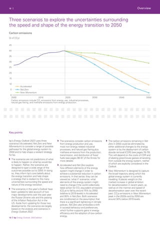 2000 2010 2020 2030 2040 2050
0
5
10
15
20
25
30
35
40
45
Accelerated
New Momentum
Net Zero
Carbon emissions include CO2
emissions from energy use, industrial processes,
natural gas ﬂaring, and methane emissions from energy production.
12 |
Gt of CO2
e
bp’s Energy Outlook 2023 uses three
scenarios (Accelerated, Net Zero and New
Momentum) to consider a range of possible
pathways for the global energy system to
2050 and to help shape a resilient strategy
for bp.
The scenarios are not predictions of what
is likely to happen or what bp would like
to happen. Rather, the scenarios are
designed to span a wide range of the
outcomes possible out to 2050. In doing
so, they inform bp’s core beliefs about
the energy transition and help shape
a strategy that is resilient to the many
uncertainties surrounding the speed and
nature of the energy transition.
The scenarios in this year’s Outlook have
been updated to take account of two
major developments over the past year:
the Russia-Ukraine war and the passing
of the Inflation Reduction Act in the
US. Aside from updating for those two
developments, the scenarios are largely
based on the analysis and scenarios in
Energy Outlook 2022.
The scenarios consider carbon emissions
from energy production and use,
most non-energy related industrial
processes, and natural gas flaring plus
methane emissions from the production,
transmission, and distribution of fossil
fuels (see pages 96-97 of the Annex for
more details).
Accelerated and Net Zero explore
how different elements of the energy
system might change in order to
achieve a substantial reduction in carbon
emissions. In that sense, they can be
viewed as ‘what if’ scenarios: what
elements of the energy system might
need to change if the world collectively
takes action for CO2
-equivalent emissions
(CO2
e) to fall by around 75% by 2050
(relative to 2019 levels) in Accelerated
and 95% in Net Zero. Both scenarios
are conditioned on the assumption that
there is a significant tightening in climate
policies. Net Zero also embodies a shift
in societal behaviour and preferences,
which further supports gains in energy
efficiency and the adoption of low-carbon
energy.
The carbon emissions remaining in Net
Zero in 2050 could be eliminated by
either additional changes to the energy
system or by the deployment of carbon
dioxide removal (CDR) (see pages 78-79).
This will depend on the costs of CDR and
of abating greenhouse gasses emanating
from outside the energy system, neither
of which are explicitly considered in the
Outlook.
New Momentum is designed to capture
the broad trajectory along which the
global energy system is currently
travelling. It places weight on the
marked increase in global ambition
for decarbonization in recent years, as
well as on the manner and speed of
decarbonization seen over the recent
past. CO2
e emissions in New Momentum
peak in the 2020s and by 2050 are
around 30% below 2019 levels.
13 | bp Energy Outlook: 2023 edition
Key points
Carbon emissions
Three scenarios to explore the uncertainties surrounding
the speed and shape of the energy transition to 2050
Overview
 