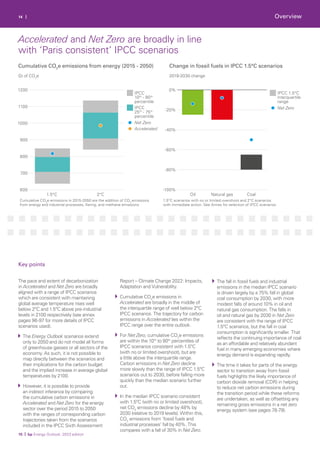 Oil Natural gas
1.5°C 2°C Coal
-100%
-80%
-60%
-40%
-20%
0%
IPCC 1.5°C
interquartile
range
Net Zero
Net Zero
Accelerated
Cumulative CO2
e emissions in 2015-2050 are the addition of CO2
emissions
from energy and industrial processes, ﬂaring, and methane emissions
1.5°C scenarios with no or limited overshoot and 2°C scenarios
with immediate action. See Annex for selection of IPCC scenarios
600
700
800
900
1000
1100
1200
IPCC
10th
- 90th
percentile
IPCC
25th
- 75th
percentile
14 |
The pace and extent of decarbonization
in Accelerated and Net Zero are broadly
aligned with a range of IPCC scenarios
which are consistent with maintaining
global average temperature rises well
below 2ºC and 1.5ºC above pre-industrial
levels in 2100 respectively (see annex
pages 96-97 for more details of IPCC
scenarios used).
The Energy Outlook scenarios extend
only to 2050 and do not model all forms
of greenhouse gasses or all sectors of the
economy. As such, it is not possible to
map directly between the scenarios and
their implications for the carbon budget
and the implied increase in average global
temperatures by 2100.
However, it is possible to provide
an indirect inference by comparing
the cumulative carbon emissions in
Accelerated and Net Zero for the energy
sector over the period 2015 to 2050
with the ranges of corresponding carbon
trajectories taken from the scenarios
included in the IPCC Sixth Assessment
Report – Climate Change 2022: Impacts,
Adaptation and Vulnerability.
Cumulative CO2
e emissions in
Accelerated are broadly in the middle of
the interquartile range of well below 2ºC
IPCC scenarios. The trajectory for carbon
emissions in Accelerated lies within the
IPCC range over the entire outlook.
For Net Zero, cumulative CO2
e emissions
are within the 10th
to 90th
percentiles of
IPCC scenarios consistent with 1.5ºC
(with no or limited overshoot), but are
a little above the interquartile range.
Carbon emissions in Net Zero decline
more slowly than the range of IPCC 1.5ºC
scenarios out to 2030, before falling more
quickly than the median scenario further
out.
In the median IPCC scenario consistent
with 1.5ºC (with no or limited overshoot),
net CO2
emissions decline by 48% by
2030 (relative to 2019 levels). Within this,
CO2
emissions from ‘fossil fuels and
industrial processes’ fall by 40%. This
compares with a fall of 30% in Net Zero.
The fall in fossil fuels and industrial
emissions in the median IPCC scenario
is driven largely by a 75% fall in global
coal consumption by 2030, with more
modest falls of around 10% in oil and
natural gas consumption. The falls in
oil and natural gas by 2030 in Net Zero
are consistent with the range of IPCC
1.5ºC scenarios, but the fall in coal
consumption is significantly smaller. That
reflects the continuing importance of coal
as an affordable and relatively abundant
fuel in many emerging economies where
energy demand is expanding rapidly.
The time it takes for parts of the energy
sector to transition away from fossil
fuels highlights the likely importance of
carbon dioxide removal (CDR) in helping
to reduce net carbon emissions during
the transition period while these reforms
are undertaken, as well as offsetting any
remaining gross emissions in a net zero
energy system (see pages 78-79).
15 | bp Energy Outlook: 2023 edition
Key points
Accelerated and Net Zero are broadly in line
with ‘Paris consistent’ IPCC scenarios
Overview
Gt of CO2
e 2019-2030 change
Cumulative CO2
e emissions from energy (2015 - 2050) Change in fossil fuels in IPCC 1.5°C scenarios
 