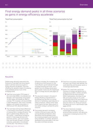 2000 2010 2020 2030 2040 2050
200
250
300
350
400
450
500
550
Accelerated
New Momentum
Net Zero
2019
0
100
200
300
400
500
600
Oil
Natural gas
Coal
Electricity
Hydrogen
Other
2050
New
Momentum
Accelerated
Net Zero
16 |
Global energy demand measured at the
final point of use (total final consumption)
peaks in all three scenarios as gains in
energy efficiency accelerate, more than
offsetting the upwards impact of increasing
living standards across much of the
emerging world.
Total final consumption (TFC) peaks in
the mid-to-late 2020s in Accelerated and
Net Zero, with final energy consumption
15-30% below 2019 levels by 2050. In
contrast, TFC increases until around 2040
in New Momentum, after which it broadly
plateaus with energy consumption in
2050 around 10% above 2019 levels.
The main factor driving these differences
in final energy consumption is the pace
of improvement in energy efficiency. The
gains in global energy efficiency over
the outlook – measured by comparing
growth in final energy demand with
economic activity – are much quicker
than over the past 20 years in all three
scenarios, particularly in Accelerated
and Net Zero. That reflects a number
of factors including: the increasing use
of electricity at the final point of use,
more efficient use of materials through
increased recycling and reuse, and a
greater focus on energy conservation,
given greater impetus by the heightened
focus on energy security (see pages 22-
23).
The assumed increase in the pace of
energy efficiency improvements in
Accelerated and Net Zero is a central
element in facilitating a rapid reduction in
carbon emissions, without which there
would need to be even faster growth in
low-carbon energy to achieve the same
outcome.
Final energy demand in emerging
markets continues to grow over the
coming decade and beyond in New
Momentum and Accelerated, driven
by increasing prosperity and improving
living standards. In contrast, demand in
developed economies peaks in the next
few years in all three scenarios.
Total final consumption decarbonizes as
the direct use of fossil fuels declines, the
world electrifies and the power sector is
increasingly decarbonized.
Within TFC, fossil fuels used at the
final point of energy use decline from a
share of around 65% in 2019 to 20-50%
by 2050 across the three scenarios.
Within hydrocarbons, the share of coal
falls particularly sharply as the world
increasingly shifts to the use of electricity
and low-carbon hydrogen in industry, as
does the share of oil, driven primarily by
the falling use of oil in road transport (see
pages 42-43).
The role of electricity increases
substantially and broadly uniformly
across all three scenarios, with electricity
consumption increasing by around 75%
by 2050.
17 | bp Energy Outlook: 2023 edition
Key points
Final energy demand peaks in all three scenarios
as gains in energy efficiency accelerate
Overview
EJ EJ
Total final consumption Total final consumption by fuel
 
