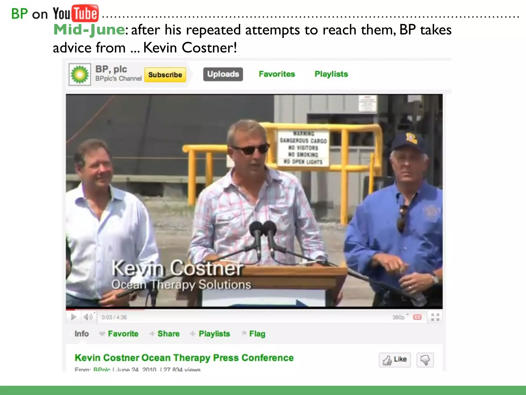 .......................................................................................................

Mid-June: after his repeated attempts to reach them, BP takes
advice from ... Kevin Costner!
 