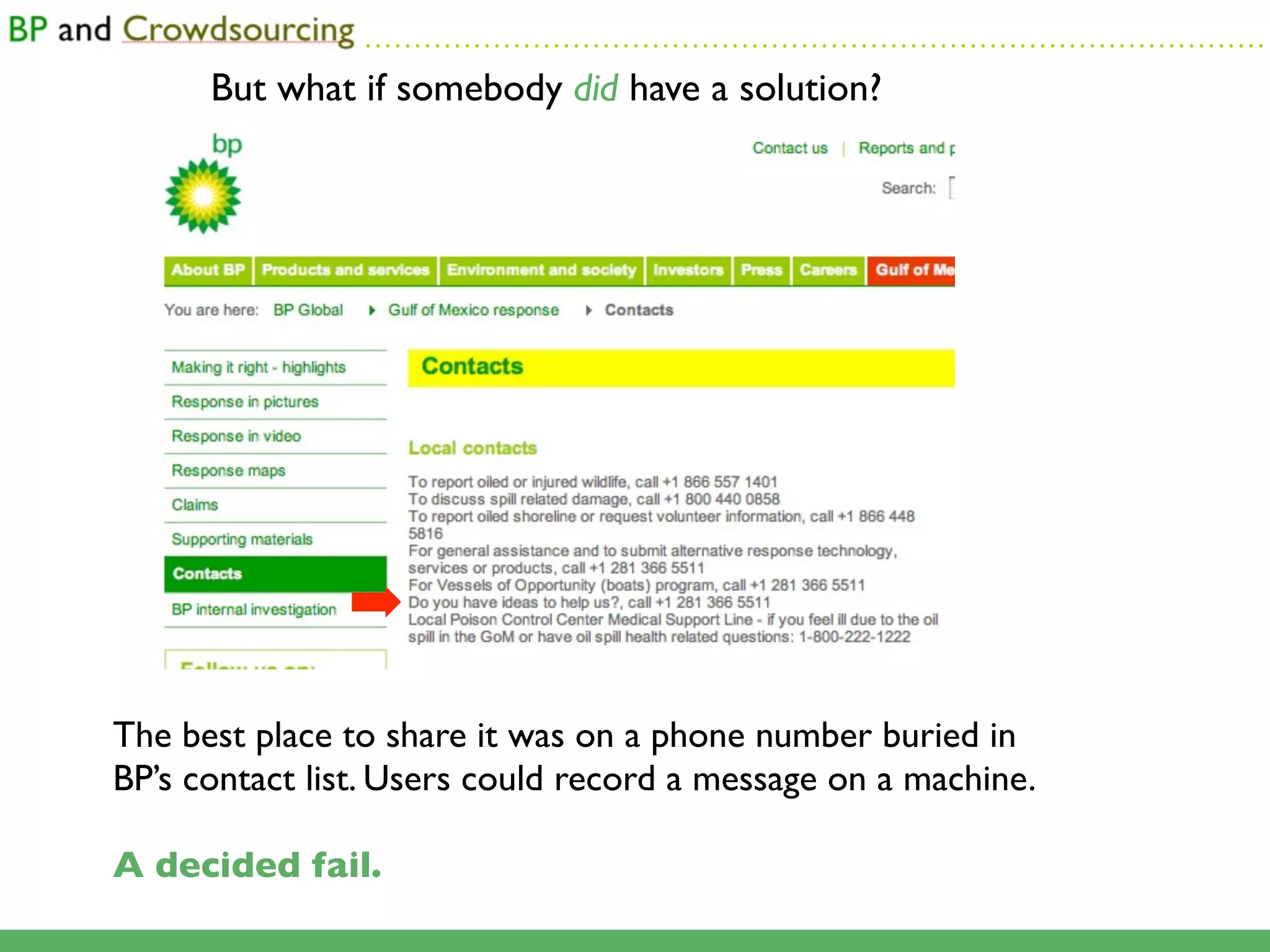 ...........................................................................................

      But what if somebody did have a solution?




               ➡
The best place to share it was on a phone number buried in
BP’s contact list. Users could record a message on a machine.

A decided fail.
 