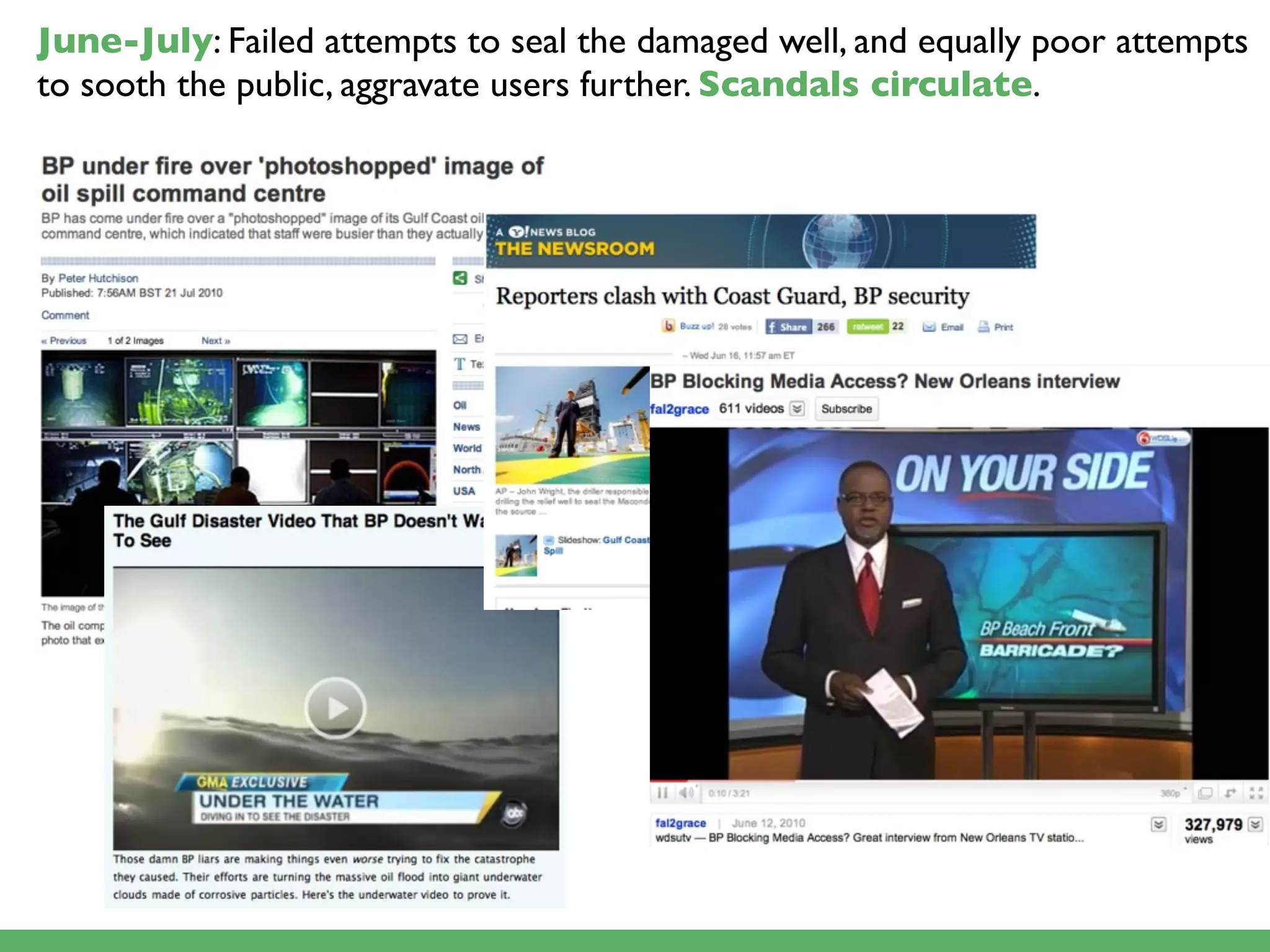 June-July: Failed attempts to seal the damaged well, and equally poor attempts
to sooth the public, aggravate users further. Scandals circulate.
 