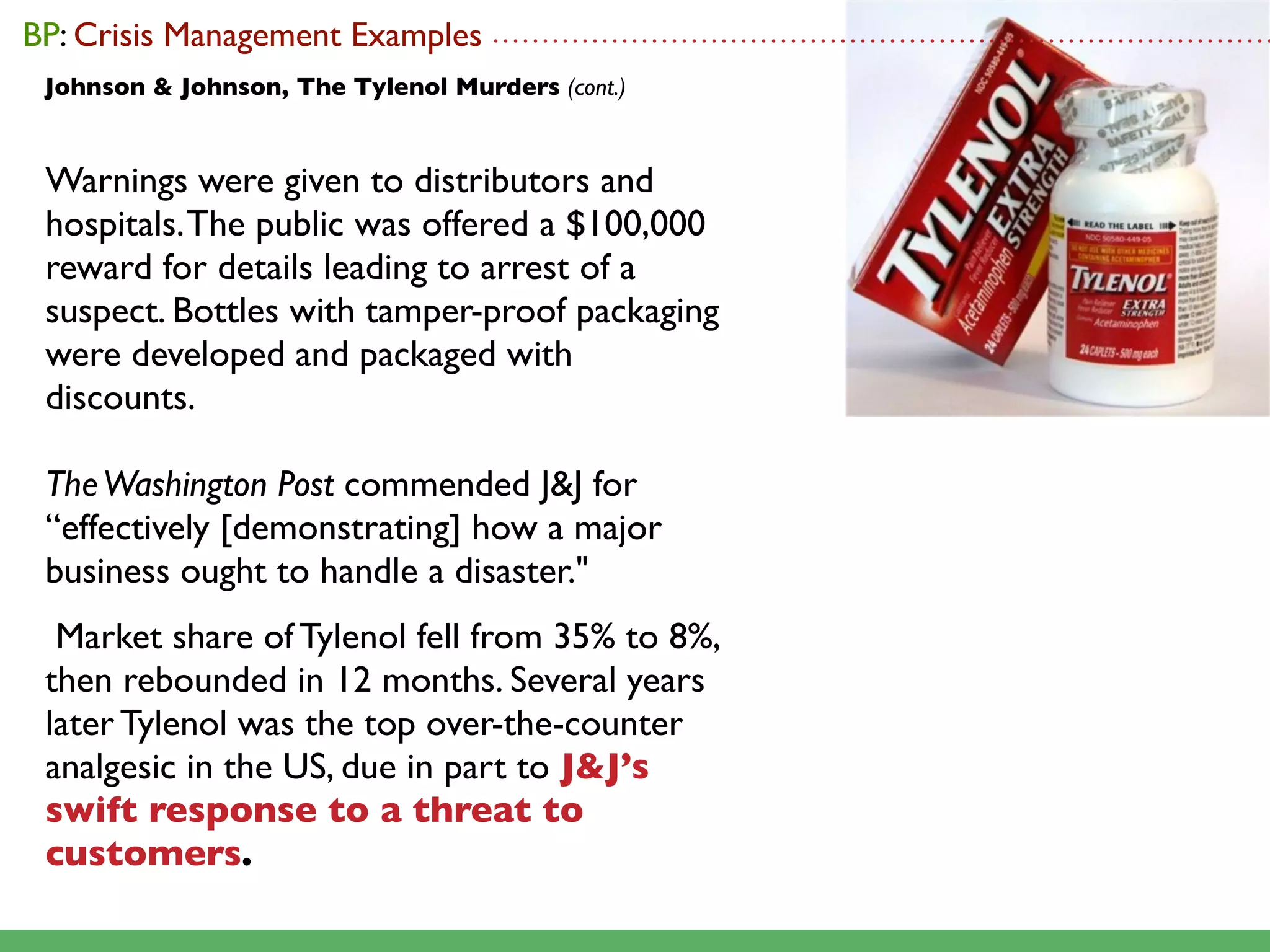 BP: Crisis Management Examples . . . . . . . . . . . . . . . . . . . . . . . . . . . . . . . . . . . . . . . . . . . . . . . . . . . . . . . . . . . . . . . . . . . . . . . . . . . . . . .
   Johnson & Johnson, The Tylenol Murders (cont.)


   Warnings were given to distributors and
   hospitals. The public was offered a $100,000
   reward for details leading to arrest of a
   suspect. Bottles with tamper-proof packaging
   were developed and packaged with
   discounts.

   The Washington Post commended J&J for
   “effectively [demonstrating] how a major
   business ought to handle a disaster."
    Market share of Tylenol fell from 35% to 8%,
   then rebounded in 12 months. Several years
   later Tylenol was the top over-the-counter
   analgesic in the US, due in part to J&J’s
   swift response to a threat to
   customers.
 