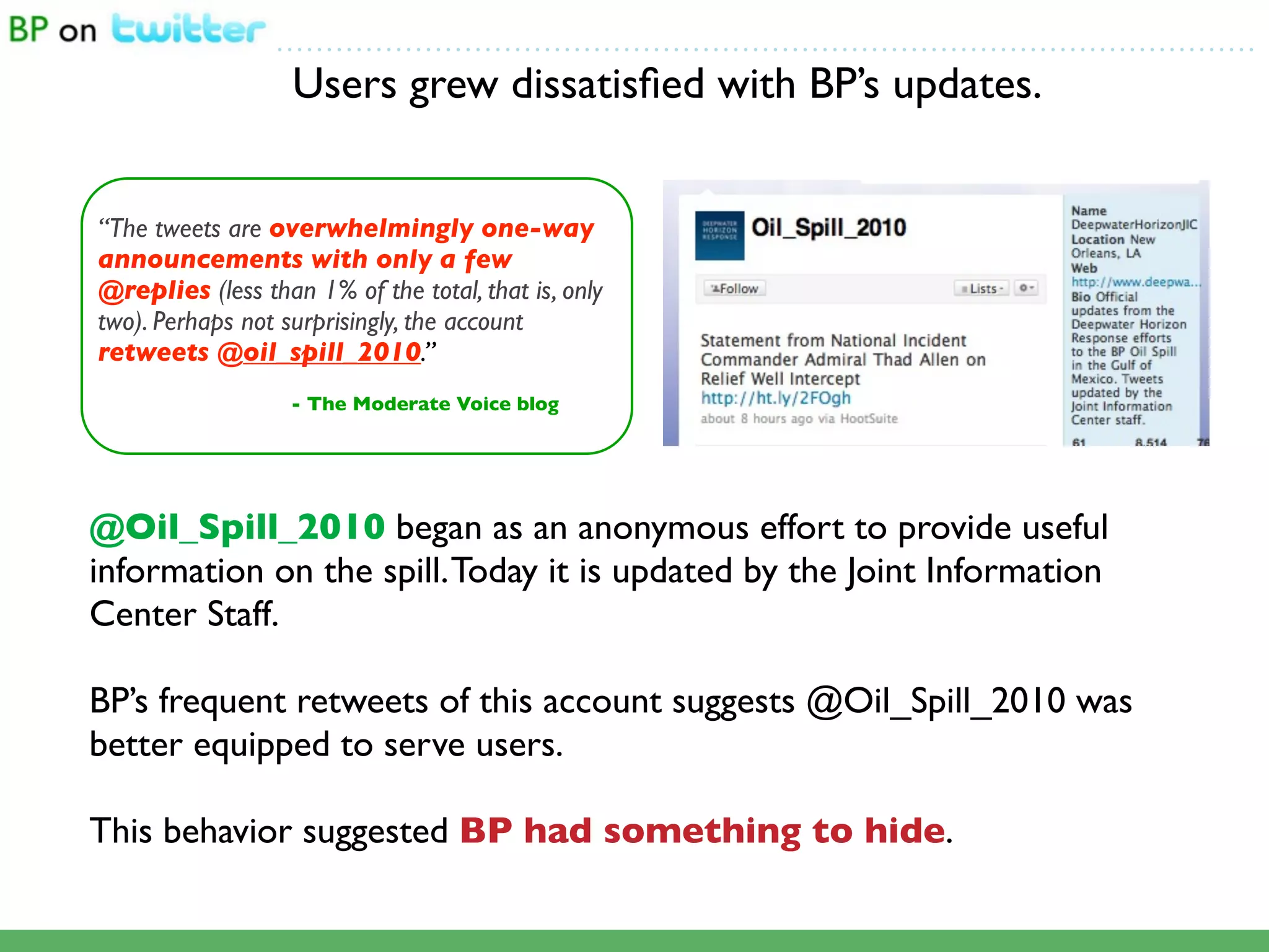 ...................................................................................................

                   Users grew dissatisﬁed with BP’s updates.


“The tweets are overwhelmingly one-way
announcements with only a few
@replies (less than 1% of the total, that is, only
two). Perhaps not surprisingly, the account
retweets @oil_spill_2010.”
                   - The Moderate Voice blog




@Oil_Spill_2010 began as an anonymous effort to provide useful
information on the spill. Today it is updated by the Joint Information
Center Staff.

BP’s frequent retweets of this account suggests @Oil_Spill_2010 was
better equipped to serve users.

This behavior suggested BP had something to hide.
 