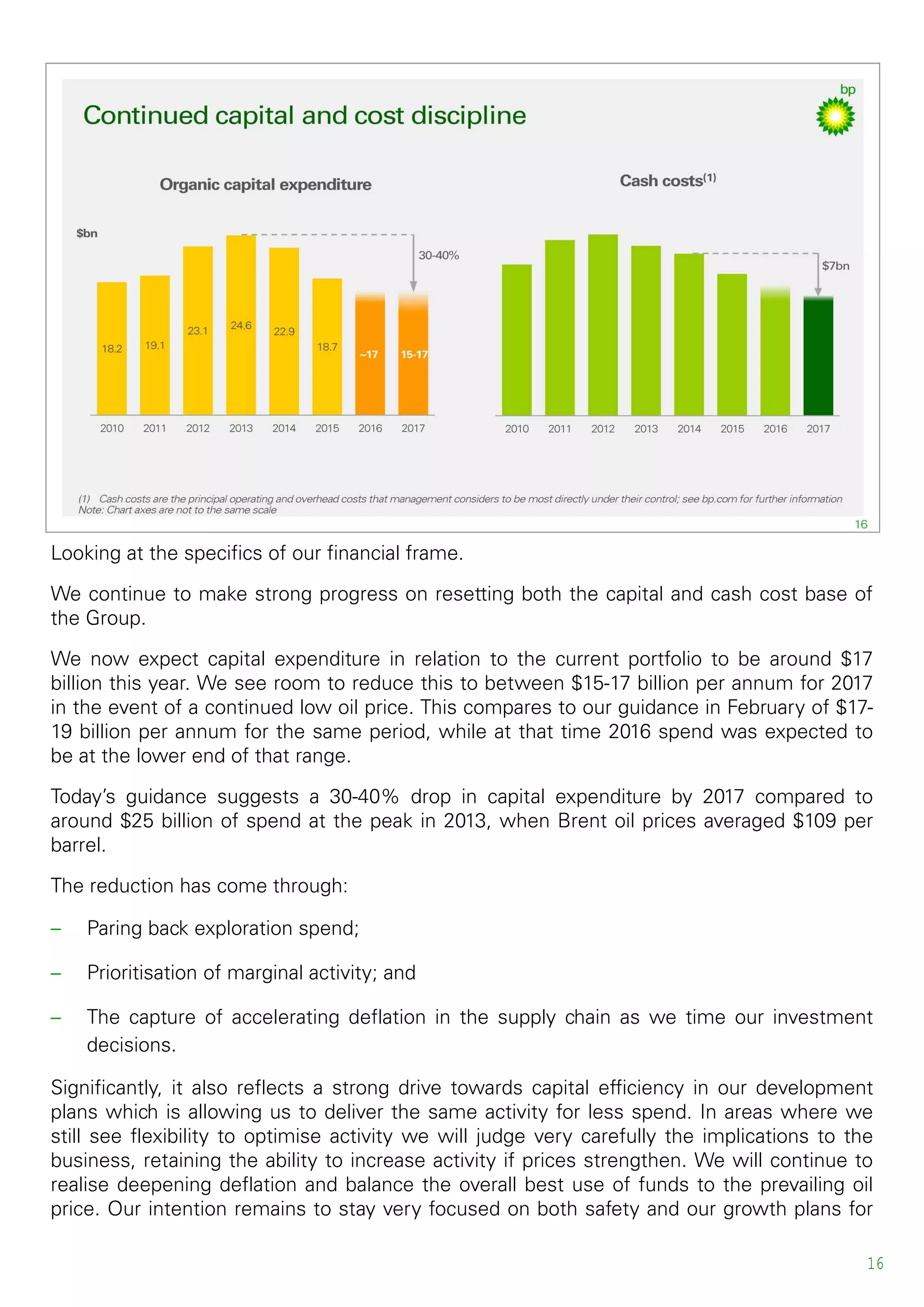16
Looking at the specifics of our financial frame.
We continue to make strong progress on resetting both the capital and cash cost base of
the Group.
We now expect capital expenditure in relation to the current portfolio to be around $17
billion this year. We see room to reduce this to between $15-17 billion per annum for 2017
in the event of a continued low oil price. This compares to our guidance in February of $17-
19 billion per annum for the same period, while at that time 2016 spend was expected to
be at the lower end of that range.
Today’s guidance suggests a 30-40% drop in capital expenditure by 2017 compared to
around $25 billion of spend at the peak in 2013, when Brent oil prices averaged $109 per
barrel.
The reduction has come through:
– Paring back exploration spend;
– Prioritisation of marginal activity; and
– The capture of accelerating deflation in the supply chain as we time our investment
decisions.
Significantly, it also reflects a strong drive towards capital efficiency in our development
plans which is allowing us to deliver the same activity for less spend. In areas where we
still see flexibility to optimise activity we will judge very carefully the implications to the
business, retaining the ability to increase activity if prices strengthen. We will continue to
realise deepening deflation and balance the overall best use of funds to the prevailing oil
price. Our intention remains to stay very focused on both safety and our growth plans for
 