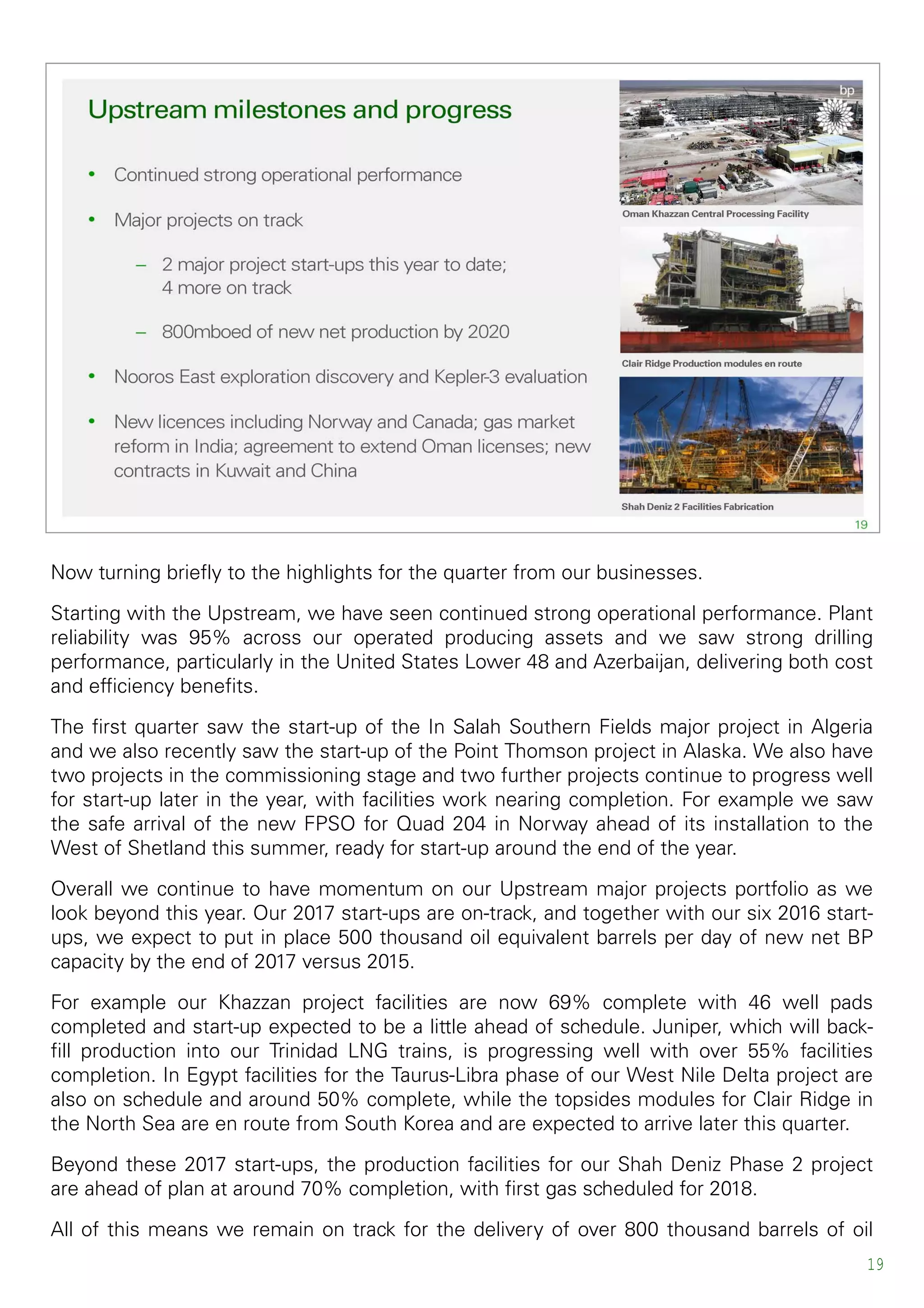 Now turning briefly to the highlights for the quarter from our businesses.
Starting with the Upstream, we have seen continued strong operational performance. Plant
reliability was 95% across our operated producing assets and we saw strong drilling
performance, particularly in the United States Lower 48 and Azerbaijan, delivering both cost
and efficiency benefits.
The first quarter saw the start-up of the In Salah Southern Fields major project in Algeria
and we also recently saw the start-up of the Point Thomson project in Alaska. We also have
two projects in the commissioning stage and two further projects continue to progress well
for start-up later in the year, with facilities work nearing completion. For example we saw
the safe arrival of the new FPSO for Quad 204 in Norway ahead of its installation to the
West of Shetland this summer, ready for start-up around the end of the year.
Overall we continue to have momentum on our Upstream major projects portfolio as we
look beyond this year. Our 2017 start-ups are on-track, and together with our six 2016 start-
ups, we expect to put in place 500 thousand oil equivalent barrels per day of new net BP
capacity by the end of 2017 versus 2015.
For example our Khazzan project facilities are now 69% complete with 46 well pads
completed and start-up expected to be a little ahead of schedule. Juniper, which will back-
fill production into our Trinidad LNG trains, is progressing well with over 55% facilities
completion. In Egypt facilities for the Taurus-Libra phase of our West Nile Delta project are
also on schedule and around 50% complete, while the topsides modules for Clair Ridge in
the North Sea are en route from South Korea and are expected to arrive later this quarter.
Beyond these 2017 start-ups, the production facilities for our Shah Deniz Phase 2 project
are ahead of plan at around 70% completion, with first gas scheduled for 2018.
All of this means we remain on track for the delivery of over 800 thousand barrels of oil
19
 