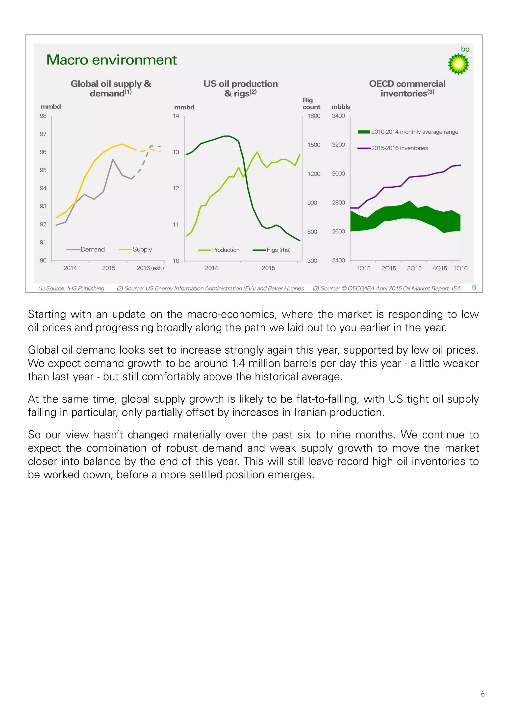 Starting with an update on the macro-economics, where the market is responding to low
oil prices and progressing broadly along the path we laid out to you earlier in the year.
Global oil demand looks set to increase strongly again this year, supported by low oil prices.
We expect demand growth to be around 1.4 million barrels per day this year - a little weaker
than last year - but still comfortably above the historical average.
At the same time, global supply growth is likely to be flat-to-falling, with US tight oil supply
falling in particular, only partially offset by increases in Iranian production.
So our view hasn’t changed materially over the past six to nine months. We continue to
expect the combination of robust demand and weak supply growth to move the market
closer into balance by the end of this year. This will still leave record high oil inventories to
be worked down, before a more settled position emerges.
6
 