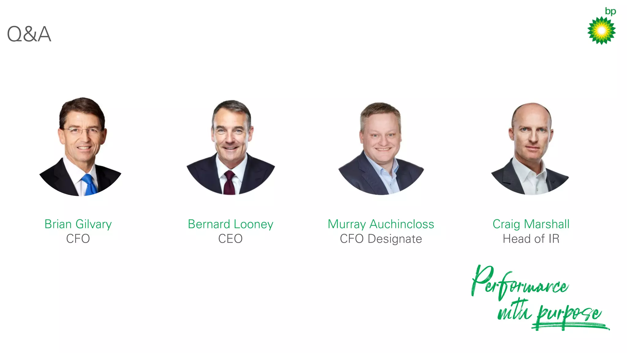 17
Murray Auchincloss
CFO Designate
Q&A
Brian Gilvary
CFO
Craig Marshall
Head of IR
Bernard Looney
CEO
 
