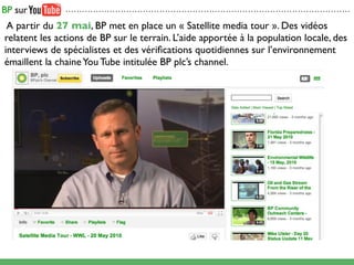 .......................................................................................................


 A partir du 27 mai, BP met en place un « Satellite media tour ». Des vidéos
relatent les actions de BP sur le terrain. L’aide apportée à la population locale, des
interviews de spécialistes et des vériﬁcations quotidiennes sur l’environnement
émaillent la chaine You Tube intitulée BP plc’s channel.
 