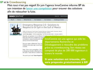 ...........................................................................................
Mais tout n’est pas négatif. En juin l’agence InnoCentive informe BP de
son intention de lancer une compétition pour trouver des solutions
aﬁn de reboucher la fuite.




                                         InnoCentive est une agence qui aide les
                                         départements Recherche et
                                         Développement à résoudre des problème
                                         grâce au crowdsourcing. Son réseau est
                                         composé de plus de 200 000 ingénieurs à
                                         travers le monde.

                                         Si une solution est trouvée, elle
                                         sera proposée gratuitement à BP.
 