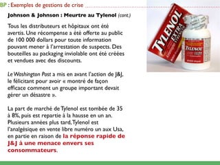 BP : Exemples de gestions de crise   ...............................................................................

   Johnson & Johnson : Meurtre au Tylenol (cont.)

   Tous les distributeurs et hôpitaux ont été
   avertis. Une récompense a été offerte au public
   de 100 000 dollars pour toute information
   pouvant mener à l’arrestation de suspects. Des
   bouteilles au packaging inviolable ont été créées
   et vendues avec des discounts.

   Le Washington Post a mis en avant l’action de J&J,
   le félicitant pour avoir « montré de façon
   efﬁcace comment un groupe important devait
   gérer un désastre ».

   La part de marché de Tylenol est tombée de 35
   à 8%, puis est repartie à la hausse en un an.
   Plusieurs années plus tard, Tylenol est
   l’analgésique en vente libre numéro un aux Usa,
   en partie en raison de la réponse rapide de
   J&J à une menace envers ses
   consommateurs.
 