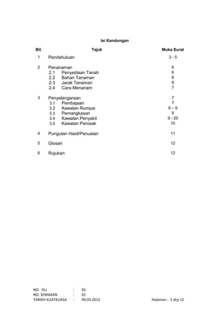 NO. ISU : 02
NO. SEMAKAN : 01
TARIKH KUATKUASA : 09.03.2012 Halaman : 2 drp 12
Isi Kandungan
Bil. Tajuk Muka Surat
1 Pendahuluan 3 - 5
2 Penanaman 6
2.1 Penyediaan Tanah 6
2.2 Bahan Tanaman 6
2.3 Jarak Tanaman 6
2.4 Cara Menanam 7
3 Penyelengaraan 7
3.1 Pembajaan 7
3.2 Kawalan Rumpai 8 – 9
3.3 Pemangkasan 9
3.4 Kawalan Penyakit 9 - 20
3.5 Kawalan Perosak 10
4 Pungutan Hasil/Penuaian 11
5 Glosari 12
6 Rujukan 12
 