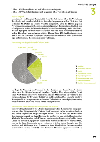 • über 18 Millionen Besucher auf refresheverything.com
• über 12.000 gelistete Projekte mit insgesamt über 76 Millionen Stimmen
Social Impact
In seinem Social Impact Report gibt PepsiCo Aufschluss über die Verteilung
der Gelder auf einzelne inhaltliche Bereiche. Insgesamt wurden 2010 über 20
Millionen US-Dollar an soziale Projekte ausgezahlt. Etwa die Hälfte ging an
Privatpersonen, darunter beispielsweise ein Künstler, der in seinem Stadtteil ein
Wandgemälde malen wollte und dafür die Materialien benötigte, oder eine Frau,
die den Spielplatz in ihrem Viertel sanieren und eine neue Schaukel anschaffen
wollte. Tierschutz war auch ein wichtiges Thema. Etwa 45 % der Gewinner waren
NGOs und die restlichen 5 % gingen an gewinnorientierte bzw. nicht gemeinnüt-
zige Unternehmen, die soziale Zwecke verfolgten.
Verteilung der Pepsi-Refresh-Gelder 2010
Im Zuge der Werbung um Stimmen für ihre Projekte und durch Presseberichte
stieg auch der Bekanntheitsgrad einzelner Projekte. Über einige drehte Pepsi
auch Werbefilme, zu anderen kamen die lokalen Abfüller und unterstützten die
Veranstaltungen der Gewinner-Initiativen mit Getränken. Dies erzeugte positive
Synergieeffekte. Beispielsweise wollte eine Teilnehmerin einen Spielplatz sanie-
ren und konnte auch eine lokale Firma hinzugewinnen.
Die sozialen Auswirkungen waren größer als geplant
Diese Wirkung kam selbst für GG und Pepsi unerwartet, da man davon ausgegan-
gen war, dass die wesentliche Wirkung des Programms in den verteilten Geldern
und damit umgesetzten Projekten liegen würde. Doch mit der Zeit wurde deut-
lich, dass der Impact von Pepsi Refresh viel größer war und viel früher einsetzte:
Allein die Tatsache, dass viele Privatpersonen eventuell zum ersten Mal in ihrem
Leben ein soziales Engagement in die Hand nahmen und darüber nachdachten,
was sie in ihrer Community gerne verändern würden, setzte Energie frei. Sie
machten sich Gedanken über Probleme in ihrer Gesellschaft. In einzelnen Ge-
meinschaften wurden soziale Themen durch den Abstimmungsprozess nach oben
Truppen
Technik für Schulen
Musik
Darstellende Künste
Jugendprogramme
Gemeindeaufwertung
Kleinunternehmen
Darüber hinaus gespendet
10.800.000 815.000
370.000
1.045.000
255.000
1.705.000
2.720.000
205.000
Webbewerbe → Insight
3
39
 