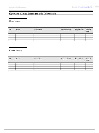 Core HR Process Document 
Open and Closed Issues for this Deliverable 
Open Issues 
Doc Ref: BP010_CORE_HRS_Vep3t.e0mber 4, 2014 
ID Issue Resolution Responsibility Target Date Impact 
Date 
Closed Issues 
ID Issue Resolution Responsibility Target Date Impact 
Date 
