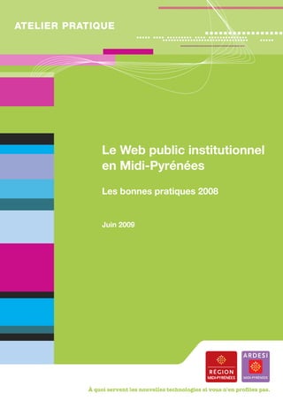 ATELIER PRATIQUE




                Le Web public institutionnel
                en Midi-Pyrénées
                Les bonnes pratiques 2008


                Juin 2009




           À quoi servent les nouvelles technologies si vous n'en profitez pas.
 