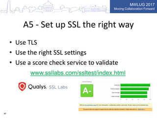 MWLUG 2017
Moving Collaboration Forward
A5 - Set up SSL the right way
• Use TLS
• Use the right SSL settings
• Use a score check service to validate
AP
www.ssllabs.com/ssltest/index.html
 