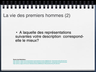 La vie des premiers hommes (2) A laquelle des représentations suivantes votre description  correspond-elle le mieux? Source des illustrations :  http://ianthro.unige.ch/cours/prehistoire-generale/doc/corboud/MODULE-1/Illustrations/Fig-PG-02.html http://ianthro.unige.ch/cours/prehistoire-generale/doc/corboud/MODULE-1/Illustrations/Fig-PG-03.html http://anthro.unige.ch/fr/cours/1333/doc/corboud/MODULE-3/Illustrations/Fig-PG-09.html 