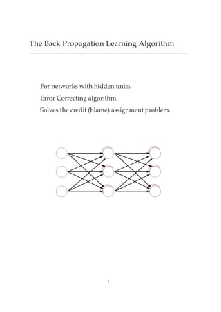 The Back Propagation Learning Algorithm




  For networks with hidden units.
  Error Correcting algorithm.
  Solves the credit (blame) assignment problem.




                         1
 