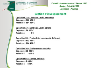 Section d’investissement Opération 15 – Centre de Loisirs Malestroit Dépenses : 510 170 € Recettes :  694 414 € Opération 17 – Centre de Loisirs Sérent Dépenses : 26 000 € Recettes :  0 € Opération 28 – Piscine Intercommunale de Sérent Dépenses : 803 712 € Recettes :  264 431 € Opération 54 – Piscine communautaire Dépenses : 50 000 € Recettes :  7 500 € Opération 56 – Service Jeunesse Dépenses : 2 050 € Recettes :  832 € Conseil communautaire 25 mars 2010 Budget Primitif 2010 Jeunesse - Piscines 