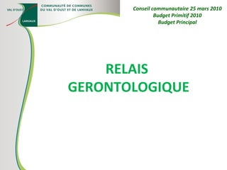 RELAIS  GERONTOLOGIQUE Conseil communautaire 25 mars 2010 Budget Primitif 2010 Budget Principal 