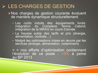  LES CHARGES DE GESTION
  Nos charges de gestion courante évoluent
   de manière dynamique structurellement
     Les   coûts induits des équipements livrés:
      intégration du Complexe Tennis Cabirol,
      intégration de la MRAG en cours d’année
     La hausse subie des tarifs et prix (énergie,
      alimentation, contrats…)
     Malgré les optimisations mises en œuvre par les
      services (énergie, alimentation, notamment)

    = > nos efforts d’optimisation contiennent
    l’évolution de ce poste : +3% à peine
    au BP 2013
 