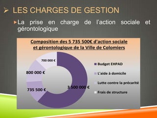  LES CHARGES DE GESTION
  La  prise en charge de l’action sociale et
   gérontologique

          Composition des 5 735 500€ d'action sociale
           et gérontologique de la Ville de Colomiers

               700 000 €
                                         Budget EHPAD

        800 000 €                        L'aide à domicile

                                         Lutte contre la précarité
                           3 500 000 €
        735 500 €
                                         Frais de structure
 