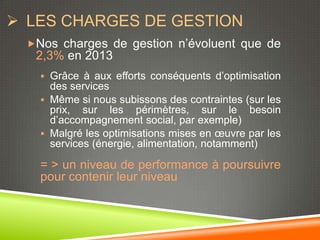  LES CHARGES DE GESTION
  Nos charges de gestion n’évoluent que de
   2,3% en 2013
     Grâce à aux efforts conséquents d’optimisation
      des services
     Même si nous subissons des contraintes (sur les
      prix, sur les périmètres, sur le besoin
      d’accompagnement social, par exemple)
     Malgré les optimisations mises en œuvre par les
      services (énergie, alimentation, notamment)

    = > un niveau de performance à poursuivre
    pour contenir leur niveau
 