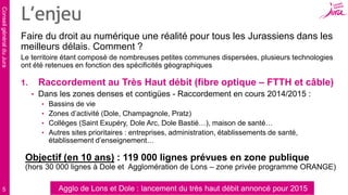 ConseilgénéralduJura
5
Faire du droit au numérique une réalité pour tous les Jurassiens dans les
meilleurs délais. Comment ?
Le territoire étant composé de nombreuses petites communes dispersées, plusieurs technologies
ont été retenues en fonction des spécificités géographiques
1. Raccordement au Très Haut débit (fibre optique – FTTH et câble)
• Dans les zones denses et contigües - Raccordement en cours 2014/2015 :
• Bassins de vie
• Zones d’activité (Dole, Champagnole, Pratz)
• Collèges (Saint Exupéry, Dole Arc, Dole Bastié…), maison de santé…
• Autres sites prioritaires : entreprises, administration, établissements de santé,
établissement d’enseignement…
Objectif (en 10 ans) : 119 000 lignes prévues en zone publique
(hors 30 000 lignes à Dole et Agglomération de Lons – zone privée programme ORANGE)
L’enjeu
Agglo de Lons et Dole : lancement du très haut débit annoncé pour 2015
 