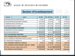 Section d’investissement
25
Chapitre CA 2014 BP + DM 2015 CA 2015 BP 2016
21 900,12 30 500,00 9 902,47 35 580,00
667 305,00 98 215,00 0,00 150 000,00
268 031,66 685 323,00 348 593,66 669 903,00
507 326,72 967 310,00 523 762,13 1 305 381,00
1 464 563,50 1 781 348,00 882 258,26 2 160 864,00
451 477,98 450 000,00 445 062,39 460 000,00
92 419,13 77 621,36
451 477,98 542 419,13 445 062,39 537 621,36
1 916 041,48 2 323 767,13 1 327 320,65 2 698 485,36
75 120,17 87 940,00 84 647,64 89 631,00
0,00 0,00 3 264,50 0,00
75 120,17 87 940,00 87 912,14 89 631,00
1 991 161,65 2 411 707,13 1 415 232,79 2 788 116,36
149 442,87 142 155,64
1 991 161,65 2 561 150,00 1 415 232,79 2 930 272,00
20 IMMOBILISATIONS INCORPORELLES
204 SUBVENTIONS D'EQUIPEMENT VERSEES
21 IMMOBILISATIONS CORPORELLES
23 IMMOBILISATIONS EN COURS
TOTAL DES DEPENSES D'EQUIPEMENT
16 EMPRUNTS ET DETTES ASSIMILES
020 DEPENSES IMPREVUES
TOTAL DES DEPENSES FINANCIERES
TOTAL DEPENSES REELLES DE L'EXERCICE
040 OP. D'ORDRE DE TRANSFERTS ENTRE SECTIONS
TOTAL DEPENSES D'ORDRE DE L'EXERCICE
TOTAL DEPENSES D'INVESTISSEMENT (REELLES + ORDRE)
001 Solde d'exécution négatif reporté de N-1
TOTAL DEPENSES D'INVESTISSEMENT
Libellé
041 OPERATIONS PATRIMONIALES
 