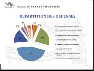 REPARTITION DES DEPENSES
26
1%
5%
23%
44%
16%
3%
3%
5% 20 IMMOBILISATIONS INCORPORELLES
204 SUBVENTIONS D'EQUIPEMENT VERSEES
21 IMMOBILISATIONS CORPORELLES
23 IMMOBILISATIONS EN COURS
16 EMPRUNTS ET DETTES ASSIMILES
020 DEPENSES IMPREVUES
040 OP. D'ORDRE DE TRANSFERTS ENTRE
SECTIONS
001 Solde d'exécution négatif reporté de N-1
 