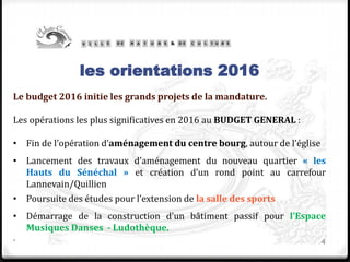 4
les orientations 2016
Le budget 2016 initie les grands projets de la mandature.
Les opérations les plus significatives en 2016 au BUDGET GENERAL :
• Fin de l’opération d’aménagement du centre bourg, autour de l’église
• Lancement des travaux d’aménagement du nouveau quartier « les
Hauts du Sénéchal » et création d’un rond point au carrefour
Lannevain/Quillien
• Poursuite des études pour l’extension de la salle des sports
• Démarrage de la construction d’un bâtiment passif pour l’Espace
Musiques Danses - Ludothèque.
.
 