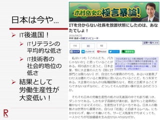 日本は今や…
 IT後進国！
 ITリテラシの
平均的な低さ
 IT技術者の
社会的地位の
低さ
 結果として
労働生産性が
大変低い！
 