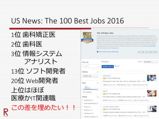 US News: The 100 Best Jobs 2016
1位 歯科矯正医
2位 歯科医
3位 情報システム
アナリスト
13位 ソフト開発者
20位 Web開発者
上位はほぼ
医療かIT関連職
この差を埋めたい！！
 