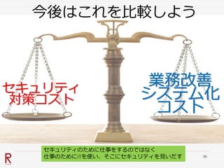 今後はこれを比較しよう
業務改善
システム化
コスト
セキュリティ
対策コスト
セキュリティのために仕事をするのではなく
仕事のためにITを使い、そこにセキュリティを見いだす 36
 