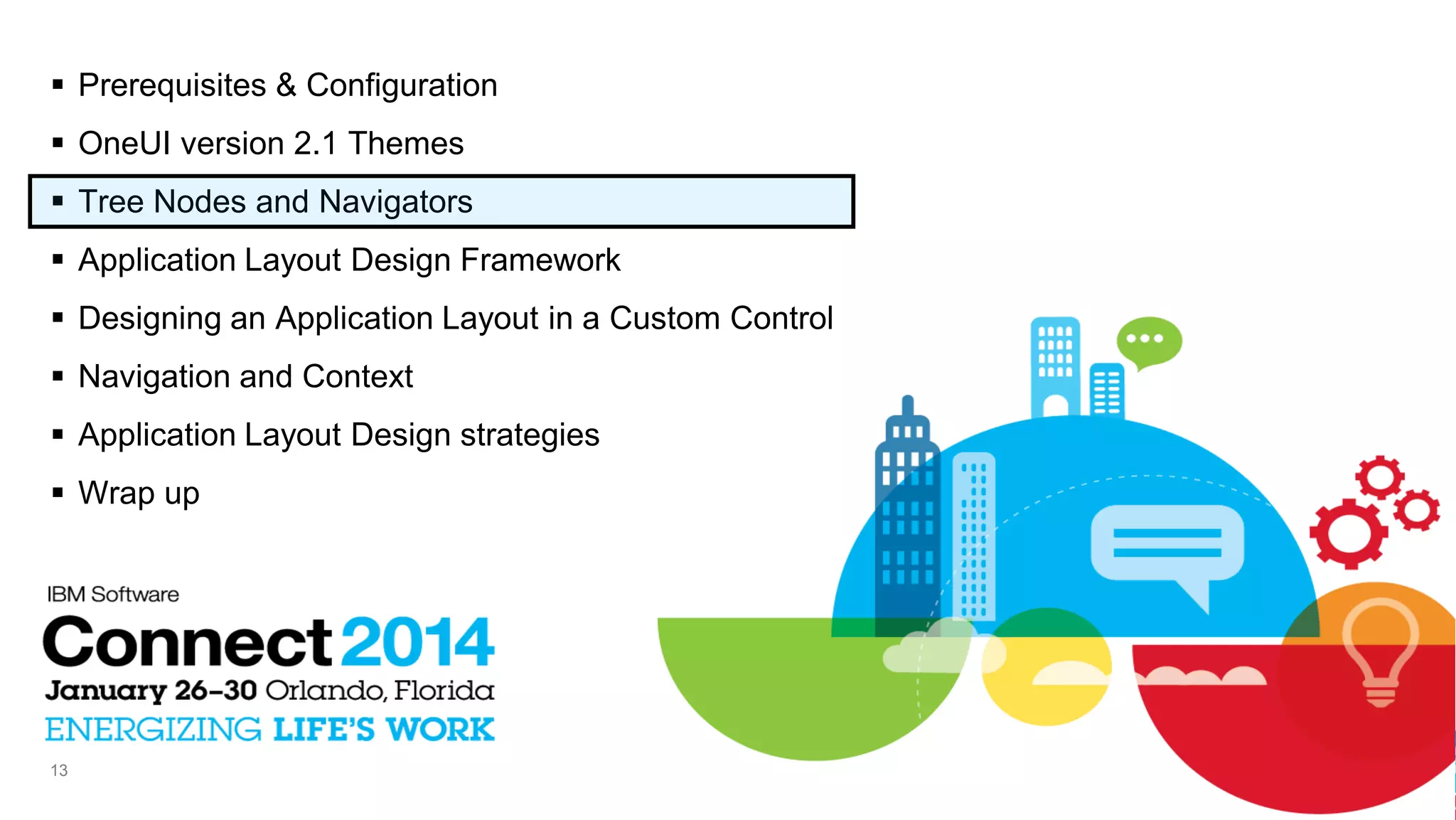  Prerequisites & Configuration
 OneUI version 2.1 Themes
 Tree Nodes and Navigators
 Application Layout Design Framework
 Designing an Application Layout in a Custom Control
 Navigation and Context
 Application Layout Design strategies
 Wrap up

13

 