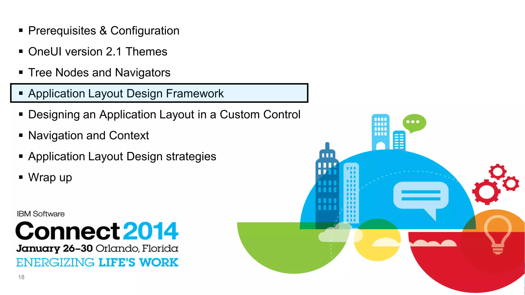  Prerequisites & Configuration
 OneUI version 2.1 Themes
 Tree Nodes and Navigators
 Application Layout Design Framework
 Designing an Application Layout in a Custom Control
 Navigation and Context
 Application Layout Design strategies
 Wrap up

18

 