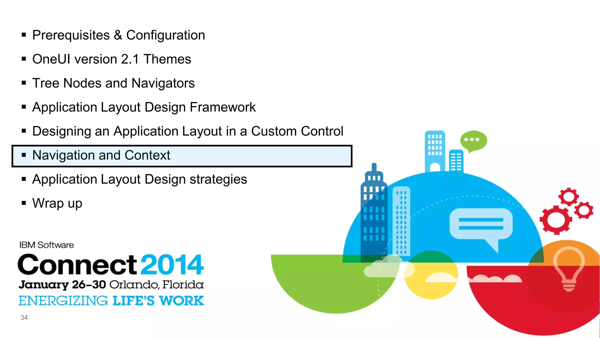  Prerequisites & Configuration
 OneUI version 2.1 Themes
 Tree Nodes and Navigators
 Application Layout Design Framework
 Designing an Application Layout in a Custom Control
 Navigation and Context
 Application Layout Design strategies
 Wrap up

34

 